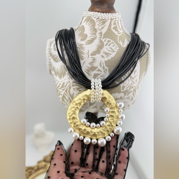 Statement Pendant Necklace | Multi-Strand Black Cord with Gold & Pearl Accents - Picture 10 of 11